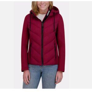 DKNY Womens Mixed Media Hooded Puffer Jacket